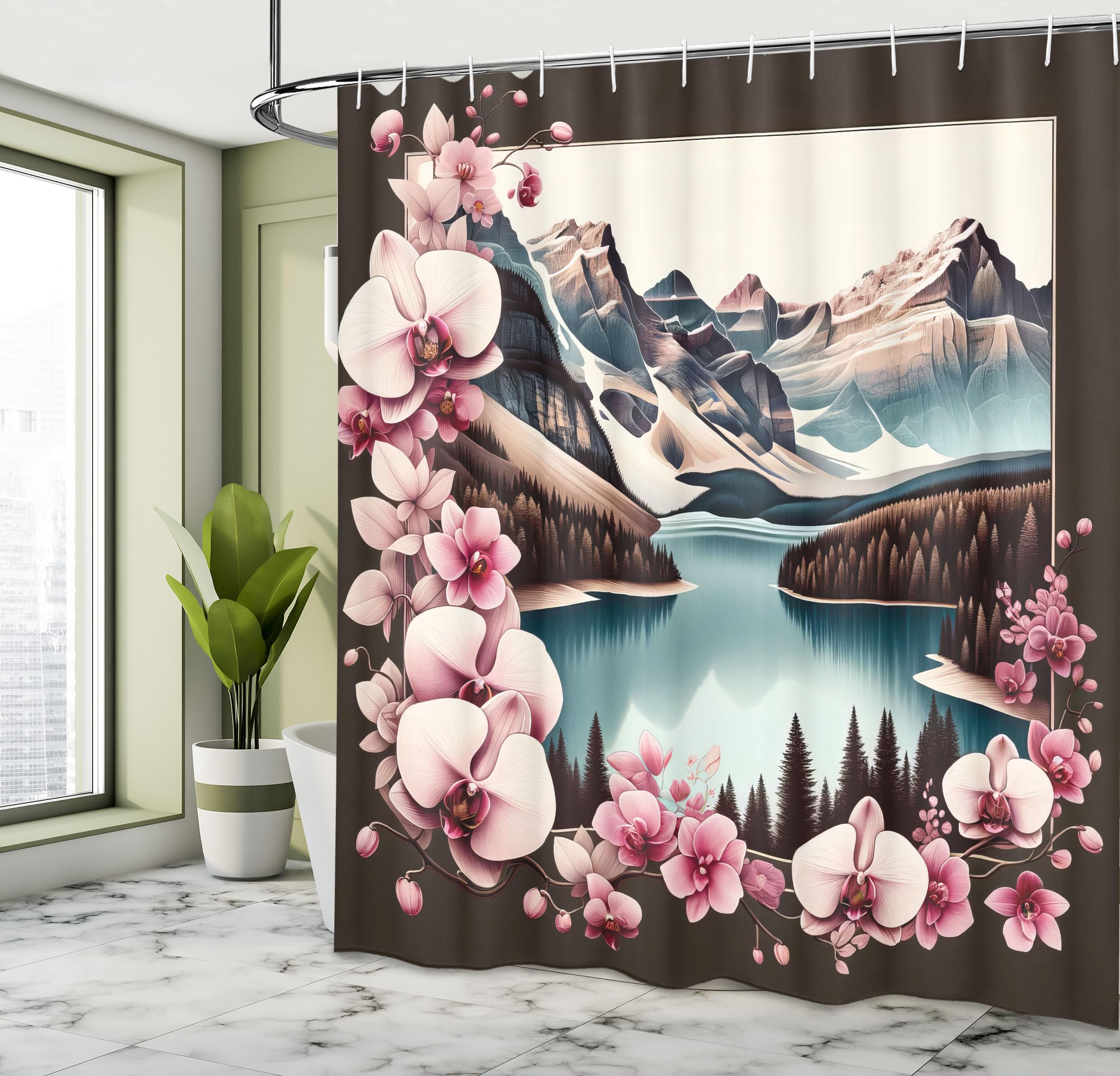 Ambesonne Lake Shower Curtain, Orchid Branches Around Mountain Landscape Spring Joy Outdoorsy View, Cloth Fabric Bathroom Decor